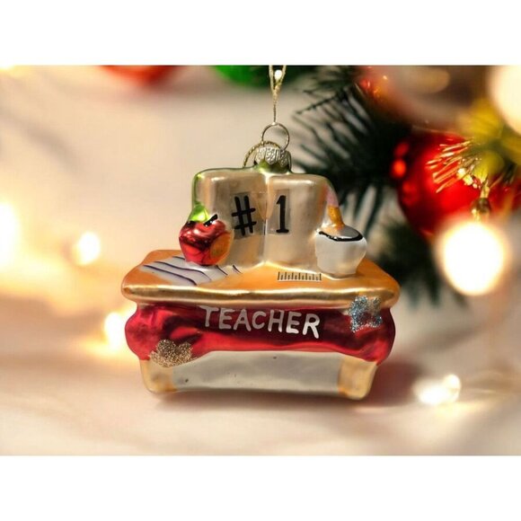 New Christmas Tree Ornament Glass #1 Teacher Desk Holiday - Picture 1 of 3
